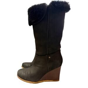 Ugg Size 8 Aprelle Leather Shearling Wedge Women’s Boots Wear Up Or Foldover